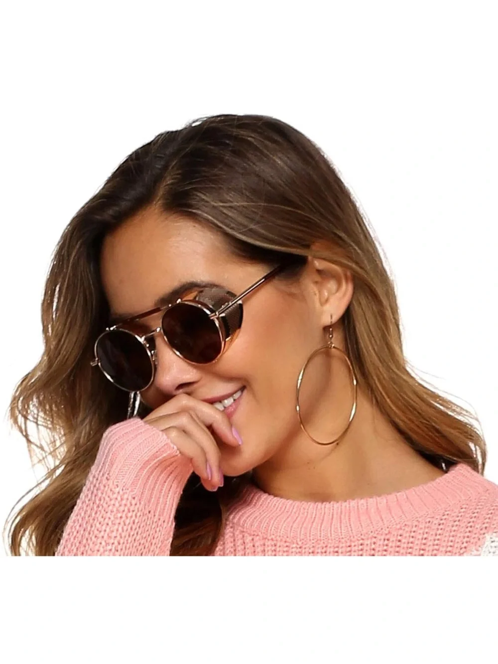 Round Steampunk Side-Shield Sunglasses in Rose Gold and Brown